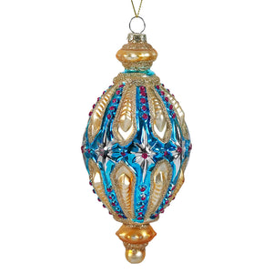 A vintage finial ornament made of glass blue with gold design and sparkling red rhinestones vintage reflector indent ornaments