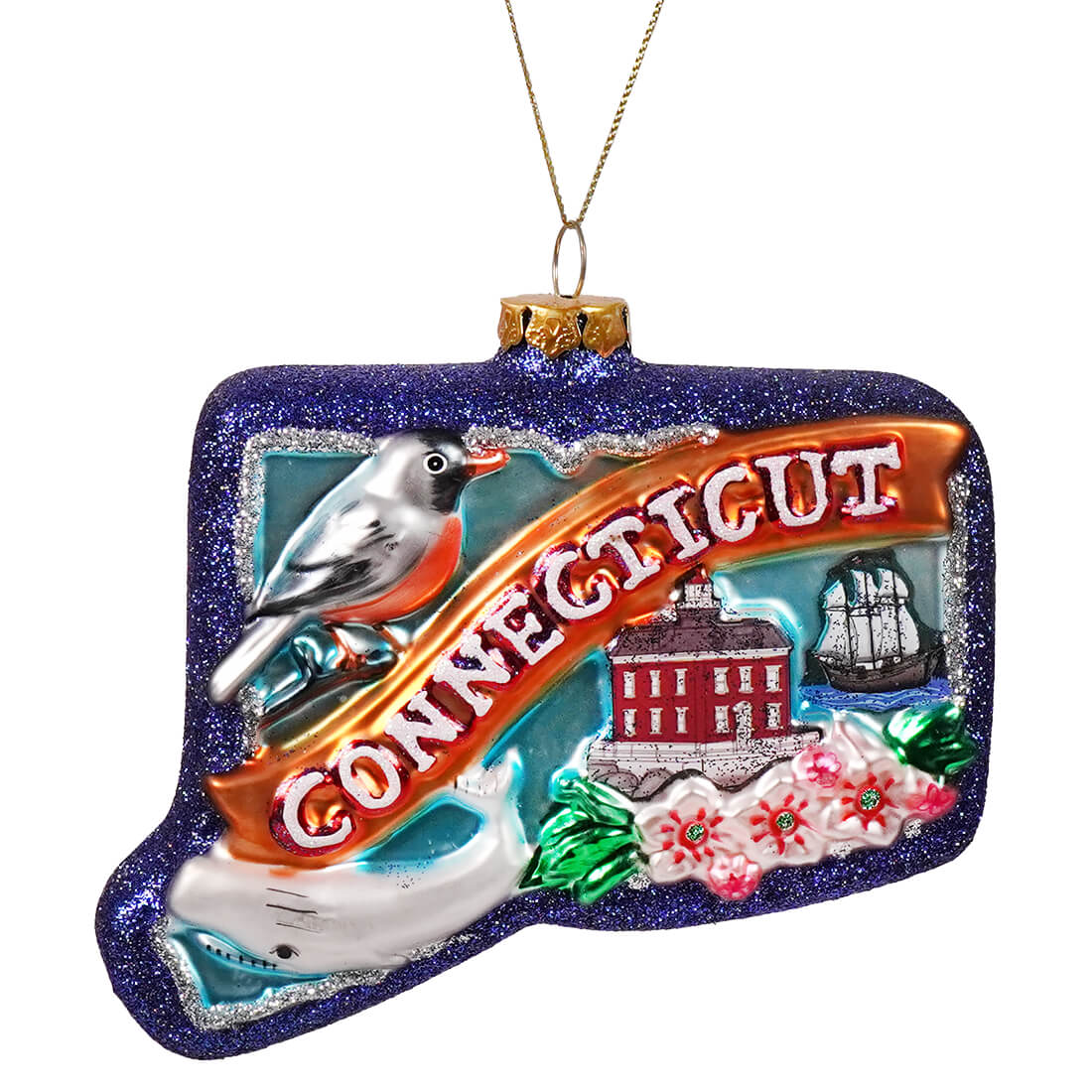 A glittery blue glass connecticut state ornament with a silver and orange bird and colorful state icons from degrees christmas collection