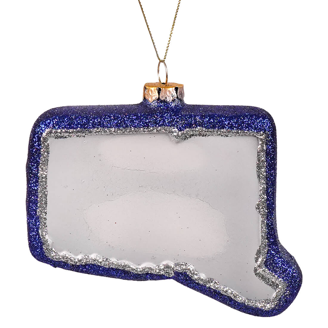A glittery blue and silver glass connecticut state ornament from the degrees christmas collection travel location themed
