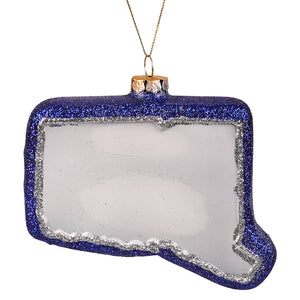 A glittery blue and silver glass connecticut state ornament from the degrees christmas collection travel location themed