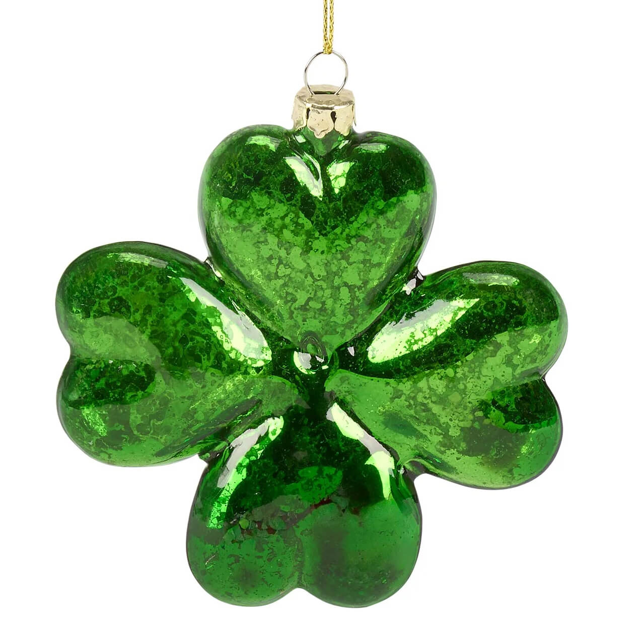 Glossy green glass four leaf clover ornament with gold loop perfect for st patricks day holiday ornaments