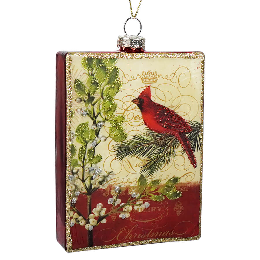 Glass Glittered Cardinal On Branch Rectangular Ornament - Ornaments