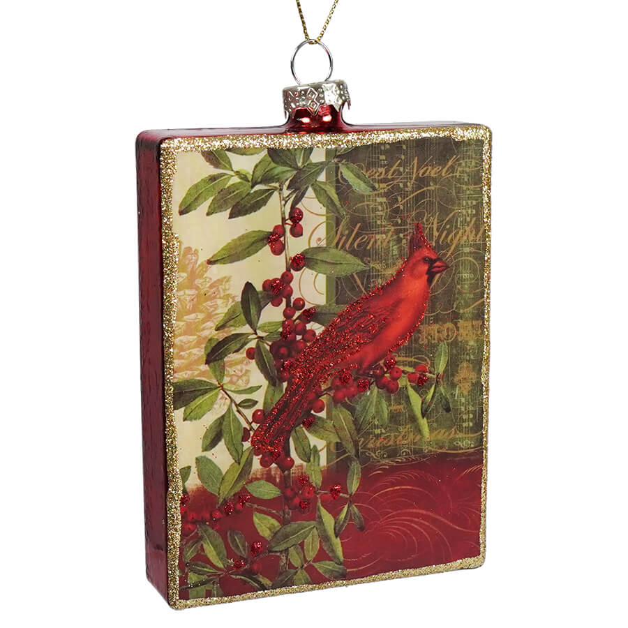 Glass Glittered Cardinal On Branch Rectangular Ornament - Ornaments