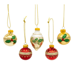 Set of five festive glass finial ornaments in red gold and white with glittery holly designs from a kurt adler ornament box set