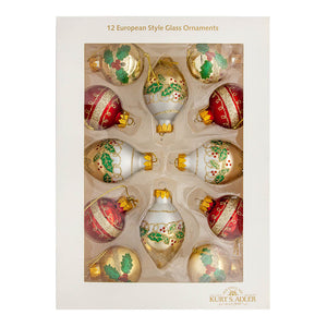 Set of 12 glass gold green and red finial ornaments with holly leaf designs perfect for christmas decorations and ornaments