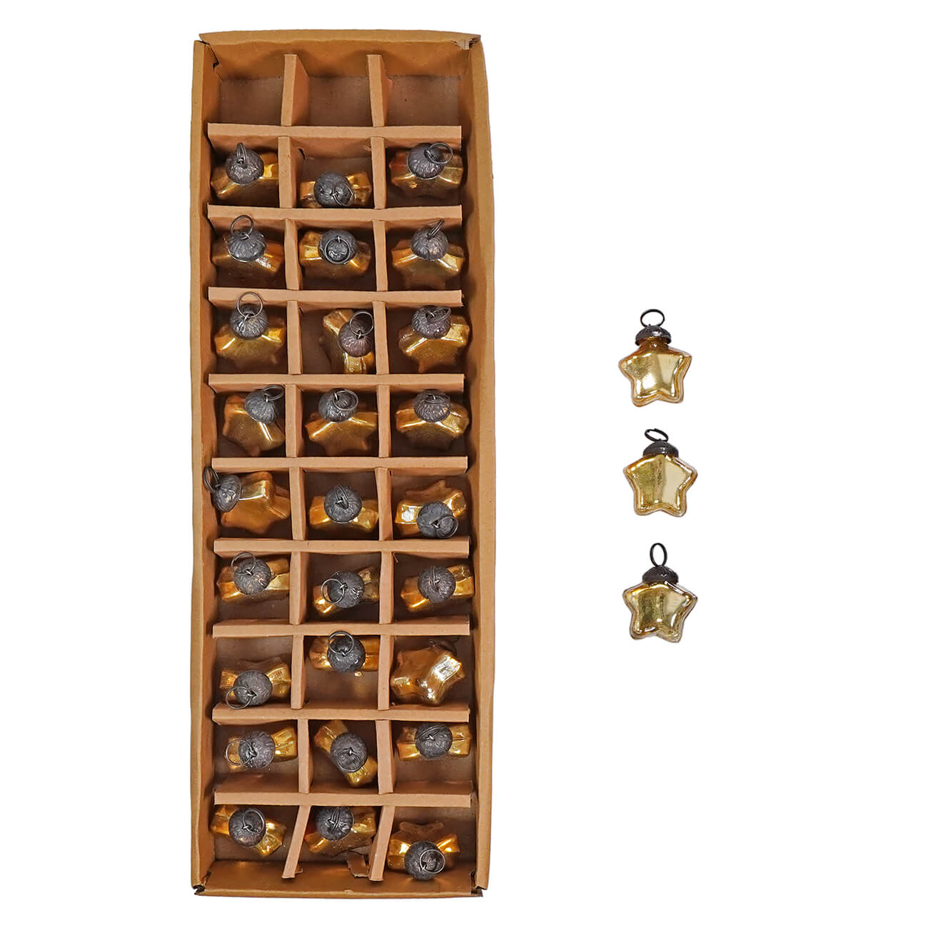 Wooden display case with compartments containing small star-shaped ornaments.