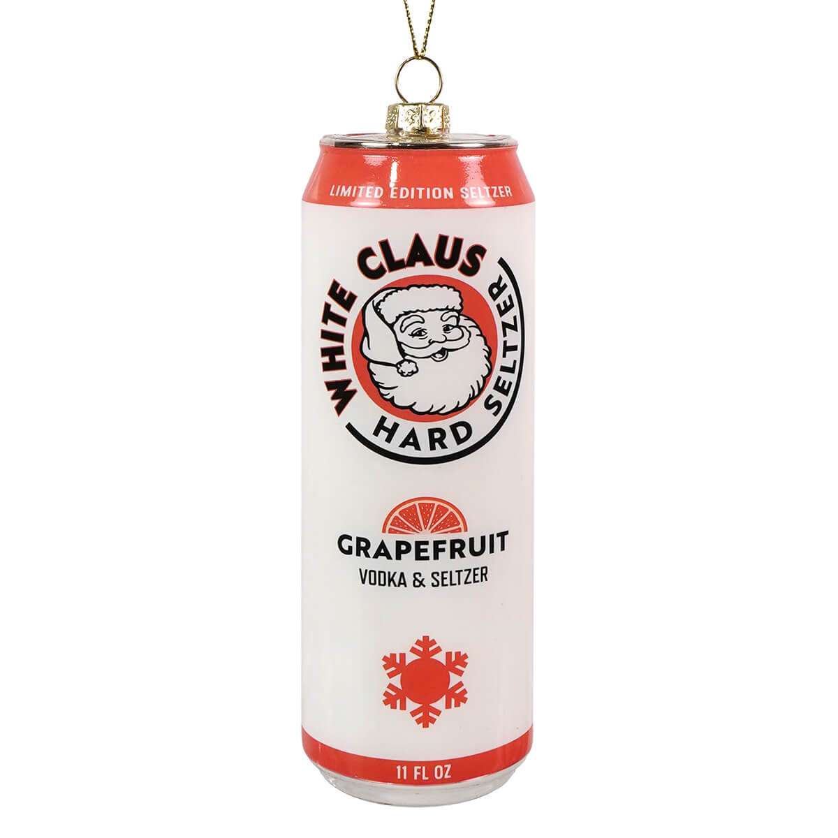 Glass grapefruit white claus hard seltzer can ornament in white and red with gold loop vodka bottle ornament decor