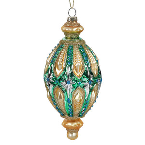 Glass green blue and gold vintage finial ornament with intricate floral design inspired by traditional vintage christmas ornaments