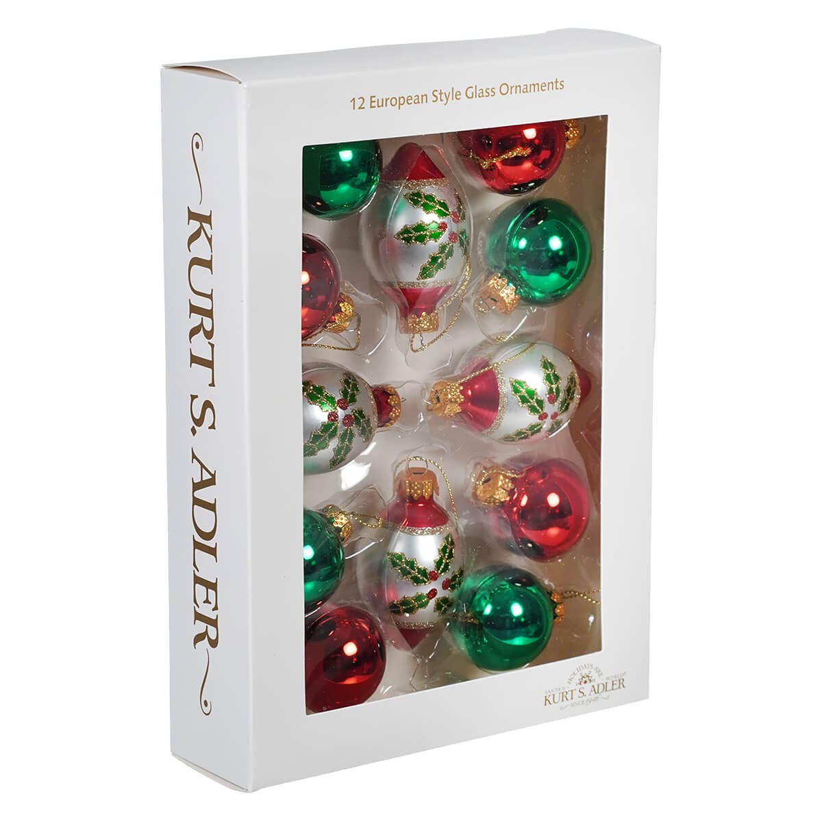 Glass Green & Red Ball & Finial Ornaments Box Set/12 - Ornaments