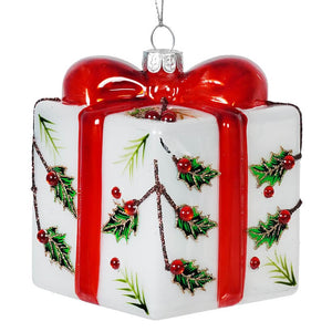 Glass Holly Branches Decorated Present Ornament - Ornaments
