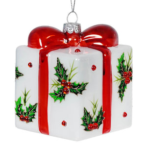 Glass Holly Leaves Decorated Present Ornament - Ornaments