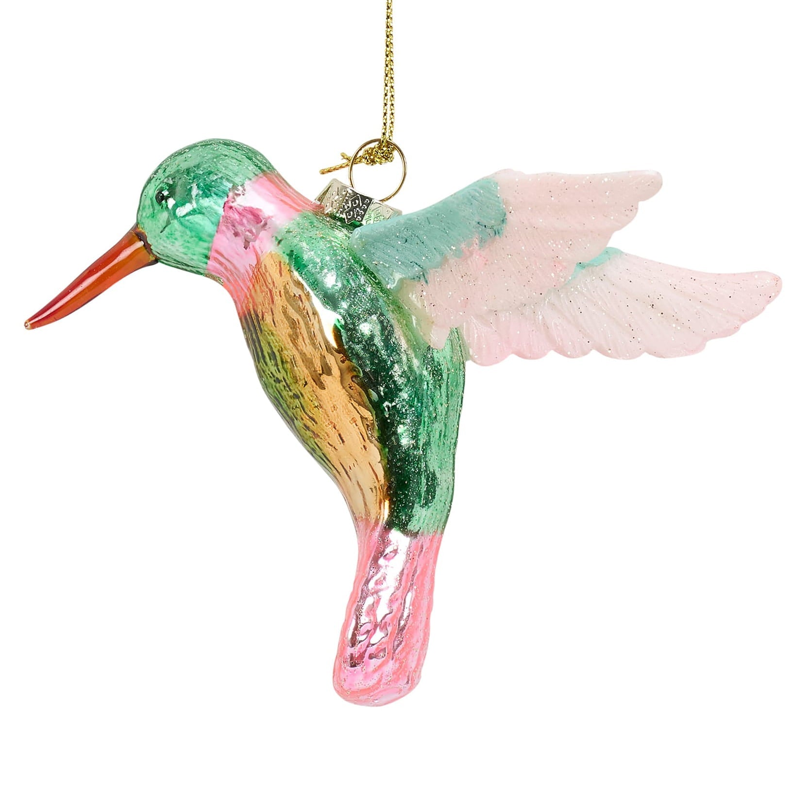 Colorful glass hummingbird ornament with green head pink and gold body translucent wings and an orange beak