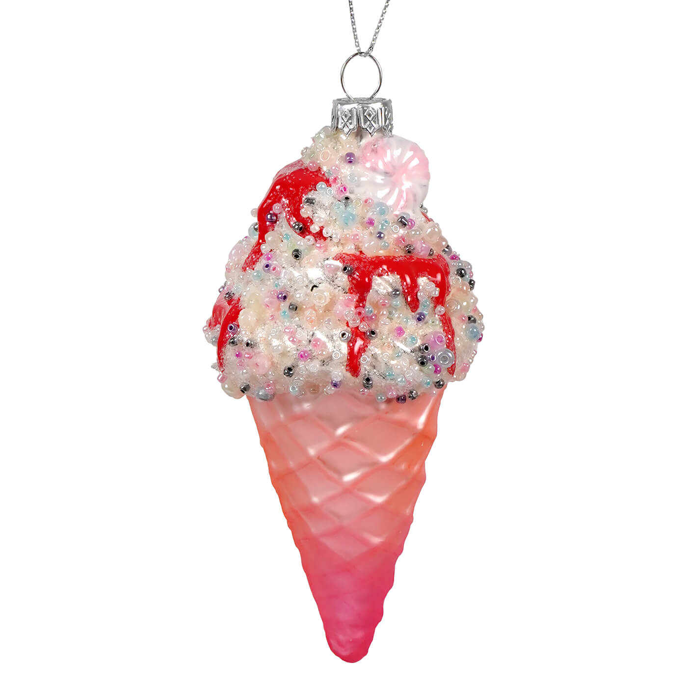 Pink ice cream glass ice cream cone ornament with red syrup drips and multicolored sprinkles cream pop ornament
