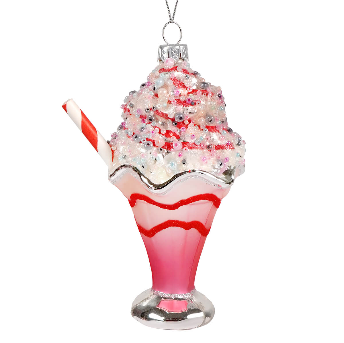 Pink glass ice cream soda float ornament with cream pop candy cane stick and glittery sprinkles