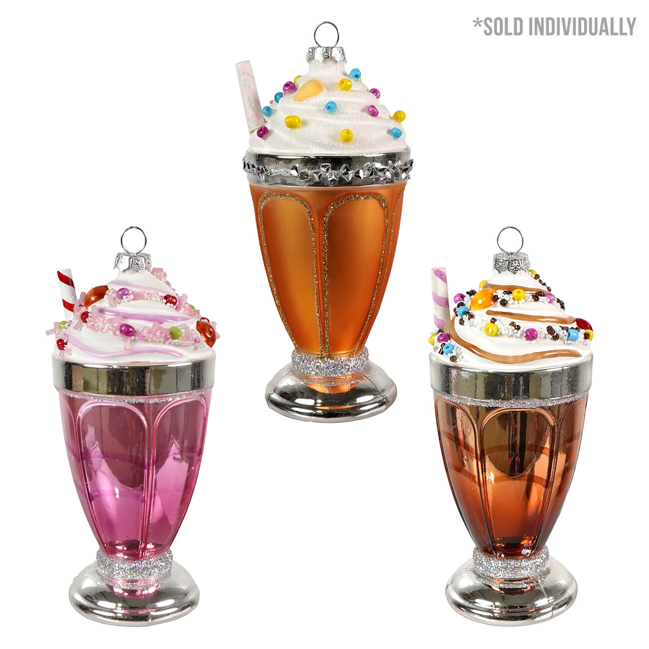 Three glass ice cream soda float ornaments with silver rims and colorful candy sprinkles on foam tops