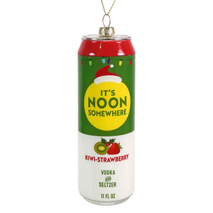 Glass kiwi-strawberry hard seltzer can ornament in red green and white with santa hat graphic figural decor
