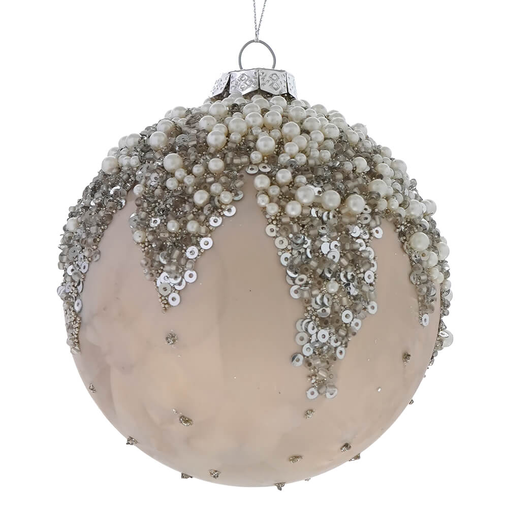 Glass ivory beaded ball ornament with pearl and sequin embellishments perfect for traditional vintage christmas ornaments