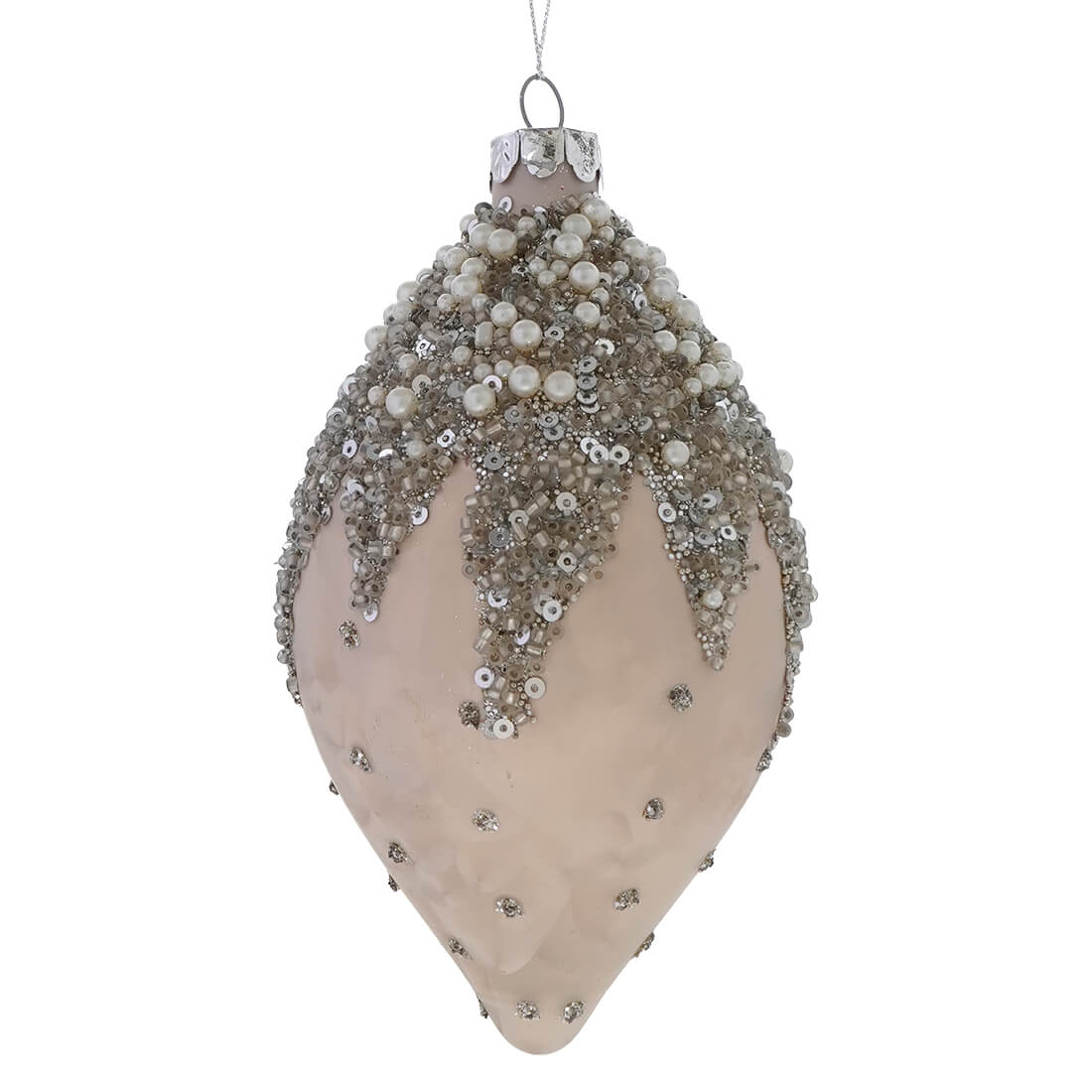 Glass ivory beaded drop ornament with silver sequins and white pearls on a light beige base for vintage christmas decor