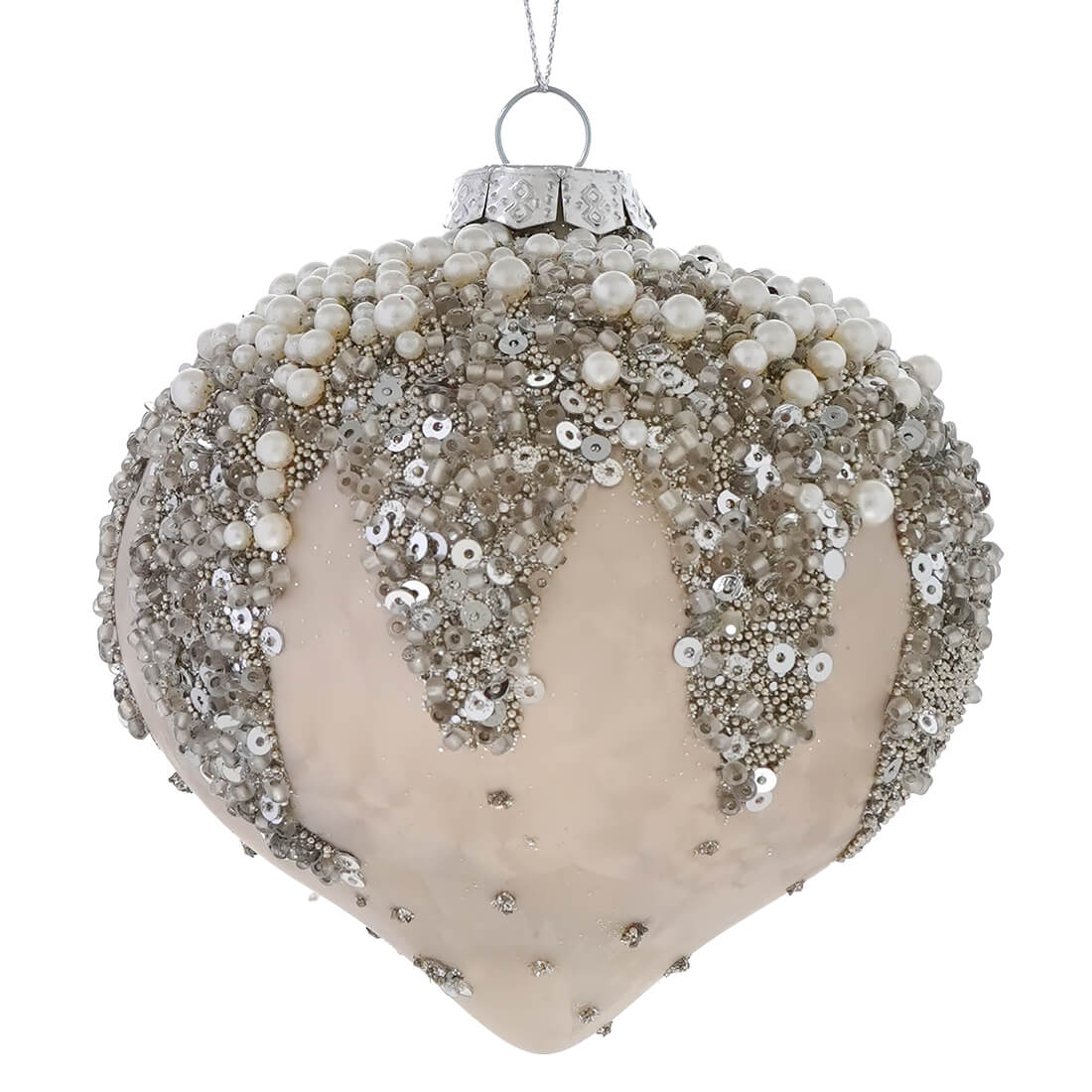 Glass ivory beaded onion ornament with frosted white base and silver sequins and pearls by kurt adler ornament