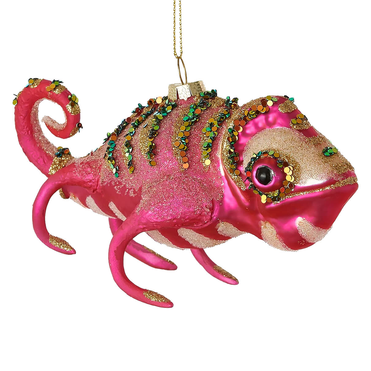 Vibrant pink glass lizard ornament with gold and green sequins and glittery texture animal ornaments
