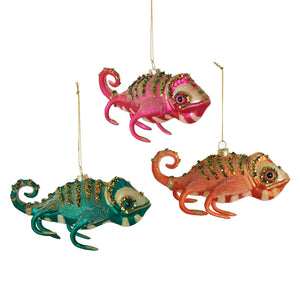 Three 3d glass lizard ornaments in teal pink and orange with glitter accents perfect animal ornaments