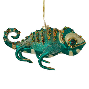 Teal glass lizard ornament with gold glitter accents and sequins perfect for animal ornaments or reptile décor