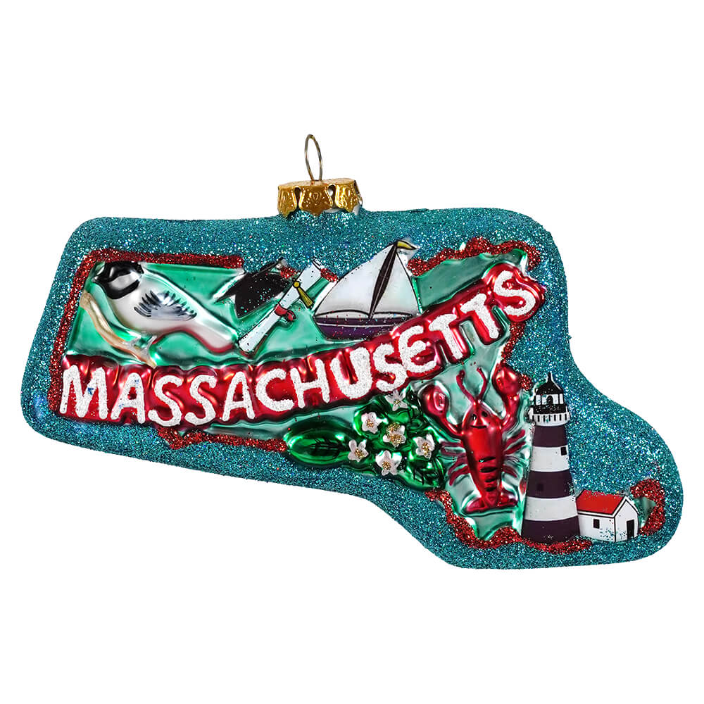 Teal glittery glass massachusetts state ornament with lobster sailboat bird lighthouse travel and location themed design