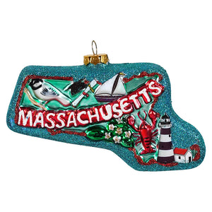 Teal glittery glass massachusetts state ornament with lobster sailboat bird lighthouse travel and location themed design