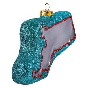 Teal glittery glass massachusetts state ornament shaped like a stocking with red-trimmed window and gold cap