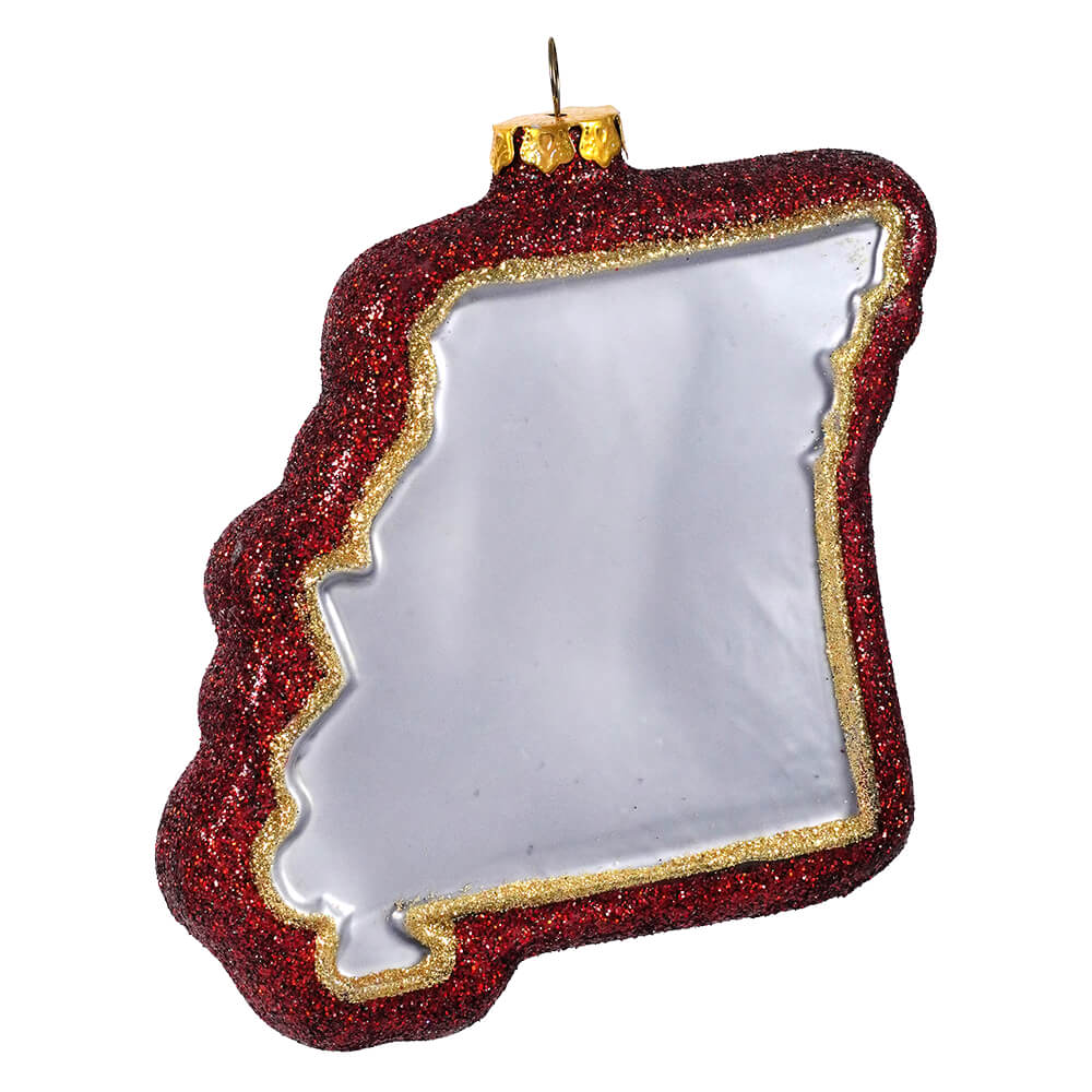 Red glittery glass missouri state ornament with gold trim and hanging loop perfect for travel and location themed ornaments