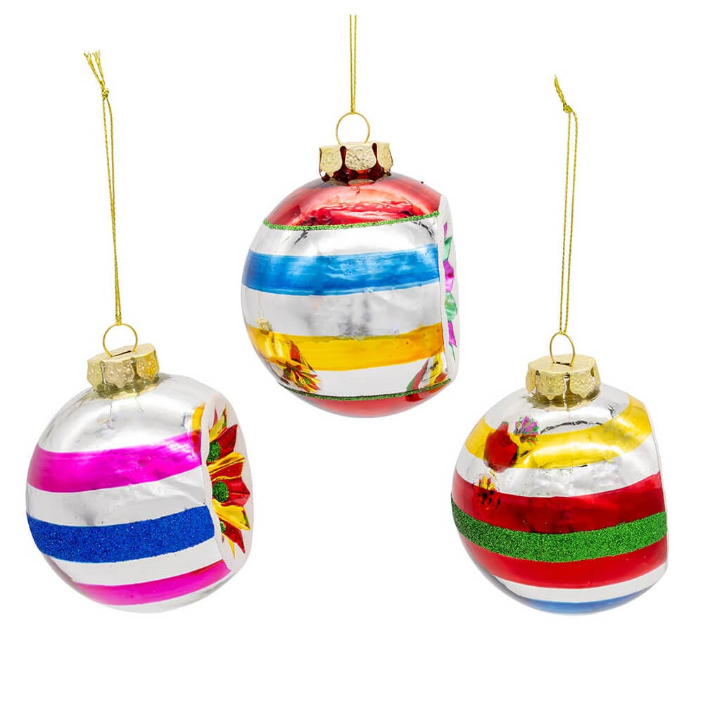 Three colorful striped glass ornaments with gold caps in a retro boxed ornaments set for christmas decor