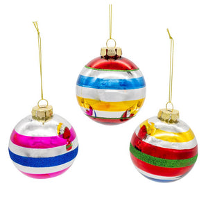 Three glass ornament finial ornaments with bold multicolor stripes and glitter in a boxed ornaments set of 3