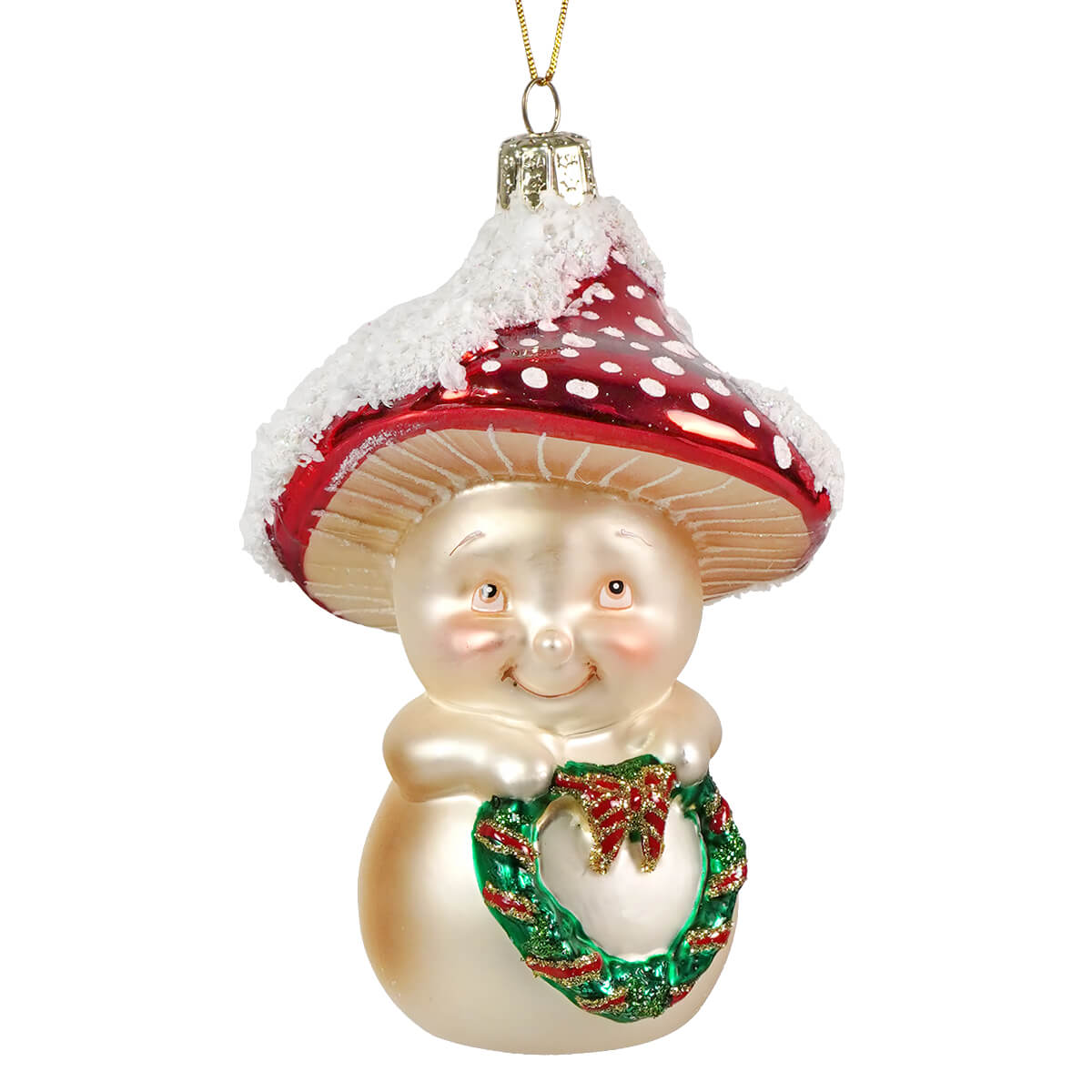 A charming mushroom glass ornament snowman in a red polka dot hat holding a green wreath figural lighted decor