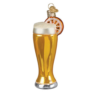Glass of blue moon beer ornament in golden glass with frothy foam and sugared orange slice lighted decor perfect for banquet bottle ornament fans