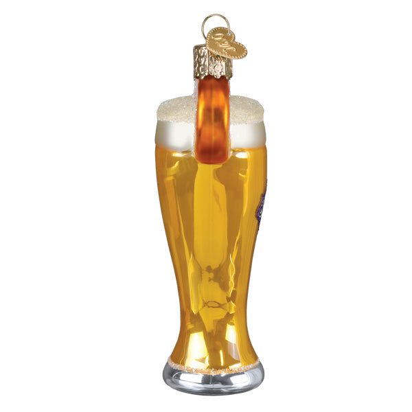 Glass of blue moon beer ornament with golden amber glass frothy head and silver base perfect for banquet bottle ornament lighted decor