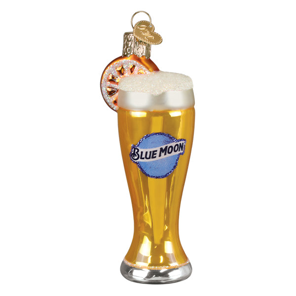Glass of blue moon beer ornament with golden blue glass, frothy white foam, citrus slice, perfect for lighted decor