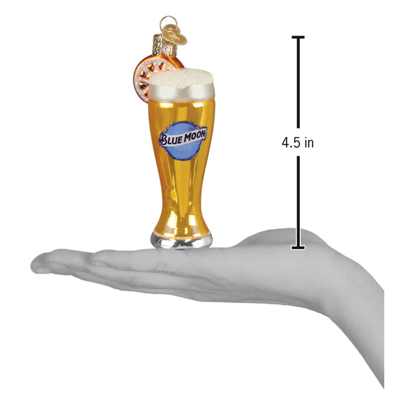 Translucent amber glass of blue moon beer ornament with white foam and orange slice perfect for lighted decor