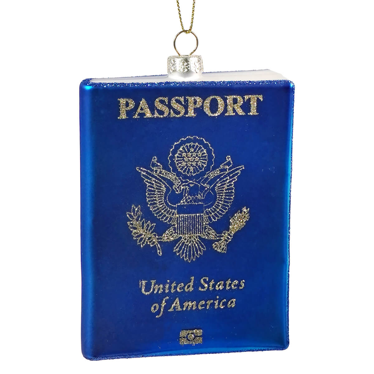 Blue glass ornament shaped like a passport with gold glitter lettering and seal perfect as a california ornament or glitterville ornament