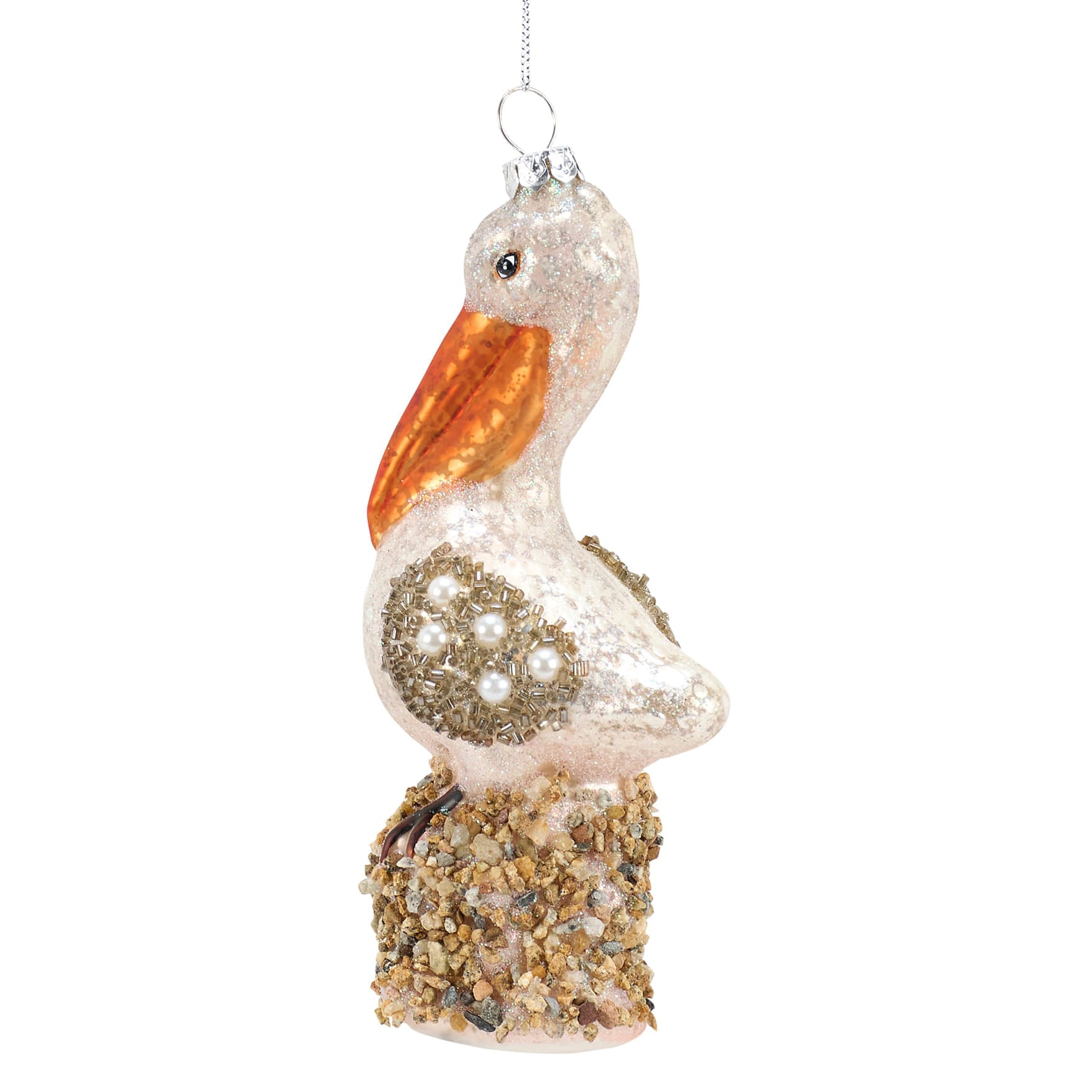 Decorative glass pelican ornament with a glittery white body orange beak and pearls perfect sea and beach themed ornaments