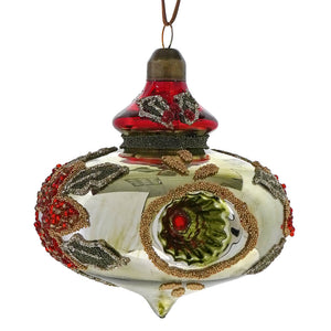A glass red and olive reflector floral design finial ornament with intricate beadwork and traditional vintage christmas ornament style