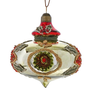 A glass red and olive floral design finial ornament with reflector floral design and intricate beaded detailing
