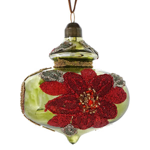 A festive green glass floral design finial ornament with a red beaded poinsettia and silver gold accents