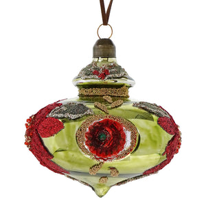 A festive glass red and olive reflector floral ornament with a green base and red rose floral design finial