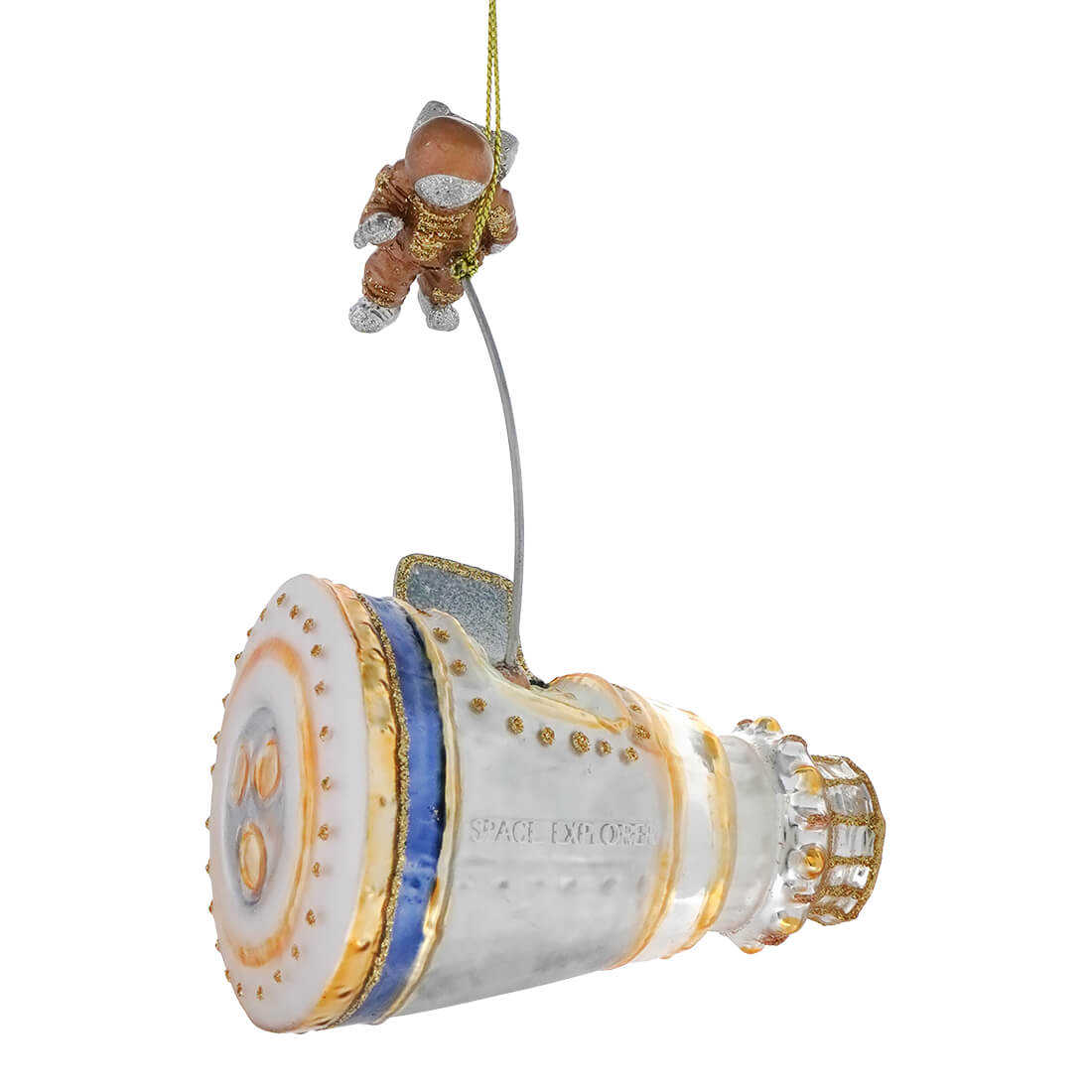 Glass space capsule with white astronaut ornament made of glass by kurt adler perfect for holiday decor