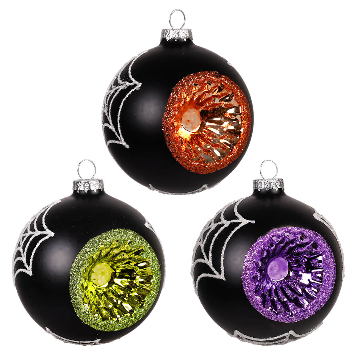 Glass spooky halloween ornaments set of 3 black glass balls with silver spiderweb and colorful glittery eyes
