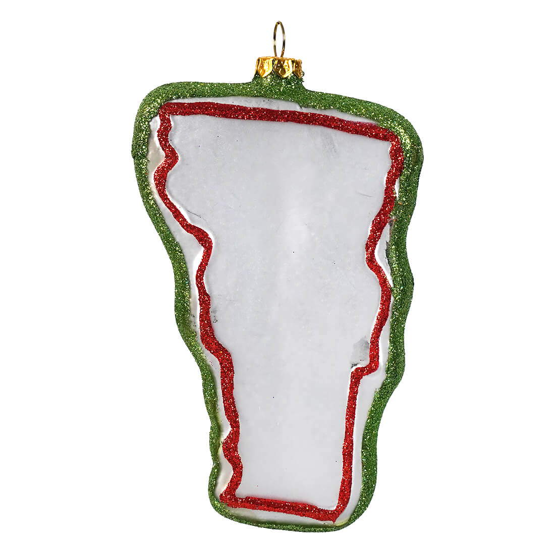 Festive glass vermont state ornament with glittery green border and red trim perfect for travel and location themed ornaments