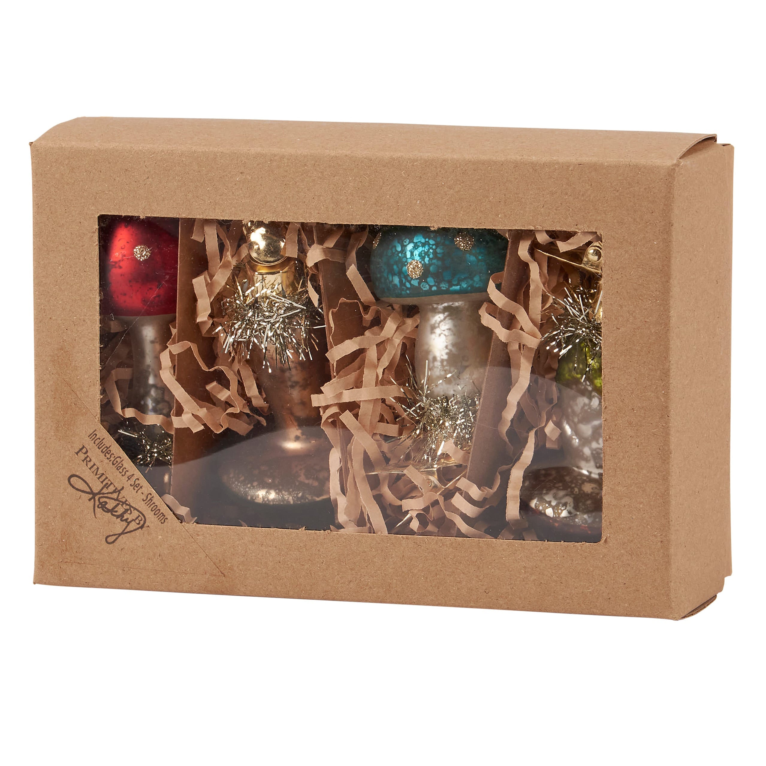 A set of vintage style glass mushroom ornaments in red teal and metallic finishes perfect for valentine’s day ornaments