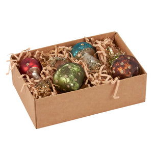 Set of six hand-painted glass vintage mushroom ornaments in red teal green and bronze with gold dots perfect valentine’s day ornaments