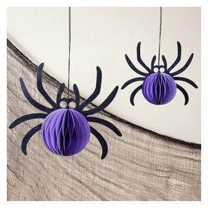 Purple glitter spiders accordian paper hanging decoration set with black glittery legs and eyes perfect for halloween