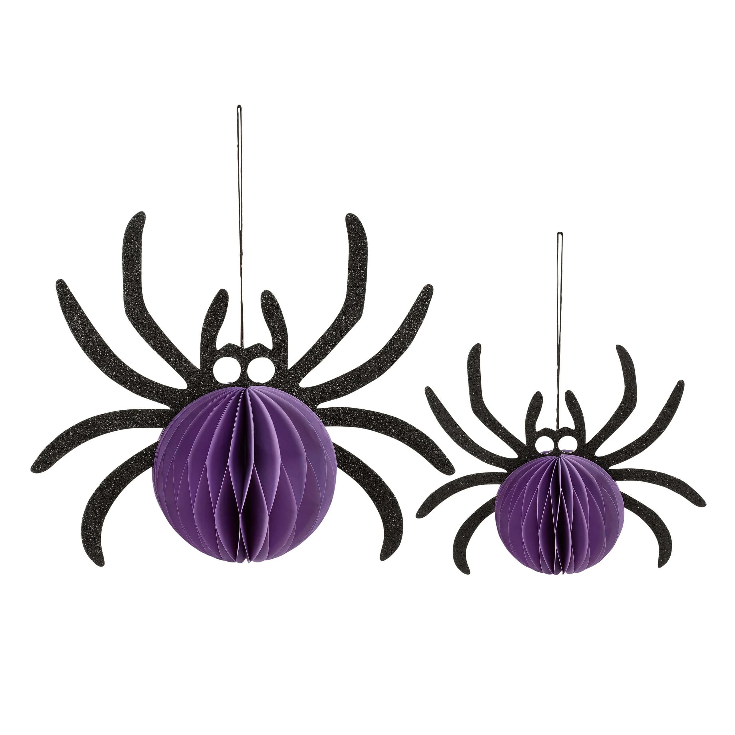 Purple and black glitter spiders accordian paper hanging decoration set with hanging strings for party decor